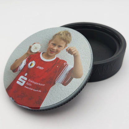 Zahndose im Eishockey Puck Design personalisiert mit Foto – Dose mit offenem Deckel